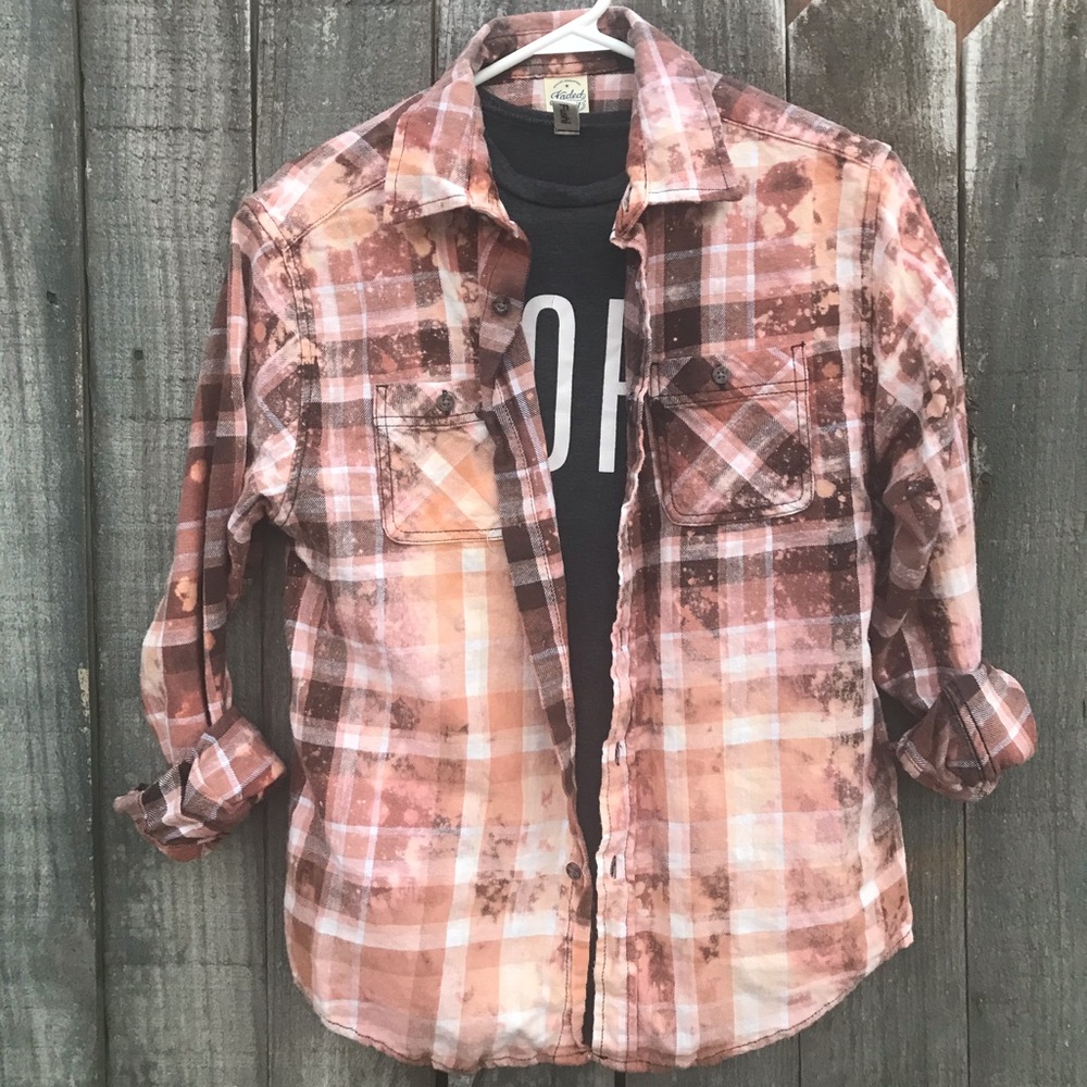 🥰Upcycled distressed bleached flannel boys 18